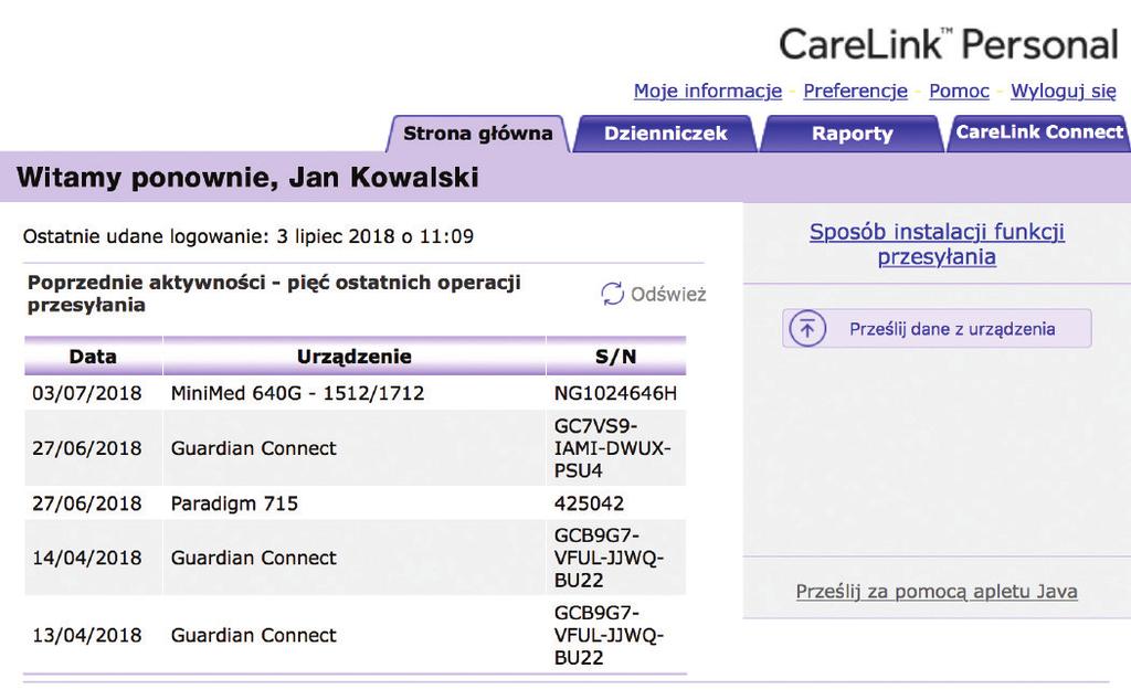 . Dane z poprzednich modeli pompy mogą być również przesłane za pomocą białej wtyczki CareLink USB lub glukometru Contour