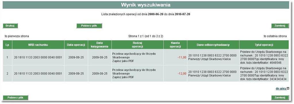 Na poniższej formatce dostępny jest również odnośnik [Pobierz plik] umożliwiający pobranie listy operacji do pliku w formacie zdefiniowanym w opcji Konfiguracja.