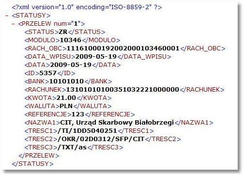 6.2.4.2. Format XML Plik wyeksportowanych statusów przelewów ma następującą strukturę: <?xml version = '1.0' encoding = 'ISO-8859-2'?