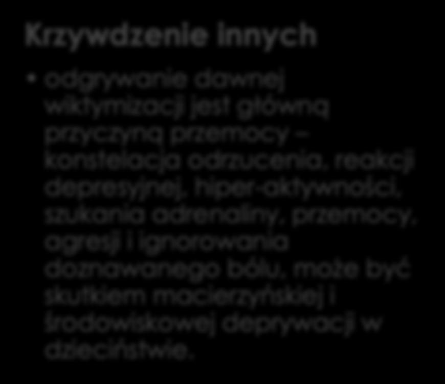 W behawioralnym reaktywowaniu dawnej traumy można grać rolę albo ofiary, albo oprawcy, niekiedy też naprzemiennie Krzywdzenie