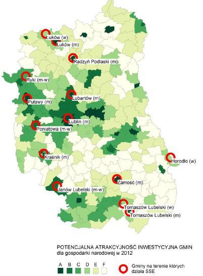 Rysunek 9 Rozmieszczenie specjalnych stref ekonomicznych na terenie województwa lubelskiego Źródło: Atrakcyjność inwestycyjna regionów 2014