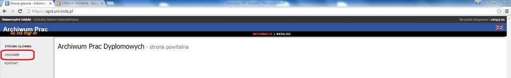 Jeżeli Promotor jest zalogowany w USOSweb to po kliknięciu na Archiwum Prac Dyplomowych automatycznie zostanie przeniesiony na stronę APD jako użytkownik