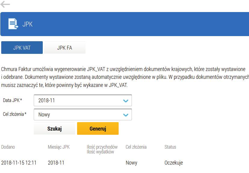 Aby wygenerować JPK_VAT przejdź do Chmura Faktur JPK i wskaż miesiąc [], za który chcesz wygenerować plik oraz wybrać cel złożenia.