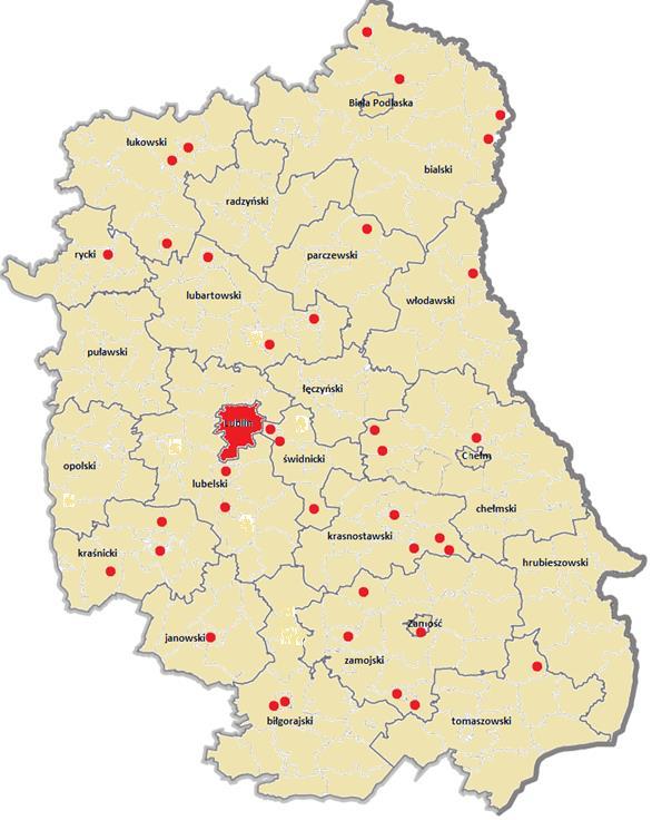 Mapa nr 2. Rozmieszczenie domów pomocy społecznej na terenie województwa lubelskiego. Domy Pomocy Społecznej w mieście Lublin - 7 DPS Źródło: opracowanie własne na podstawie OZPS W 2017 r.