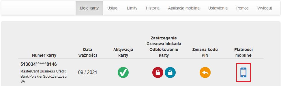 Rysunek 39 Płatności Mobilne W tej części prezentowana jest lista tokenów, przypisanych do danej karty. Aby przejść do listy tokenów wybierz ikonę przy odpowiedniej karcie (Rysunek 40).