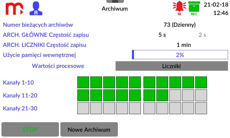 Rys. 11.7 Przykładowy wygląd okna Archiwum. 11.6 Menu Główne Okno Menu Główne wyświetlane jest po naciśnięciu ikony menu. z rozwijanego paska Okno zbudowane jest z ikon funkcyjnych wraz z opisem.