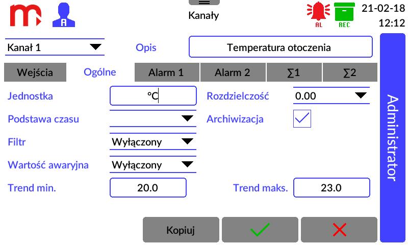 12.4.2 Ogólne Jednostka: [Brak] (tekst) [1] Rys. 12.5 Przykładowy wygląd okna ustawień ogólnych kanału - Kanały. Podstawa czasu: - [ /s, /m, /h] [2] Rozdzielczość: 0 (0, 0.0, 0.00, 0.000, 0.