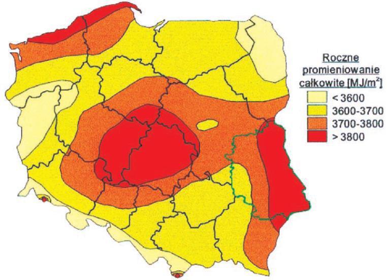 Potencjał energetyki słonecznej w Polsce Średnioroczne sumy nasłonecznienia, godz./rok dla reprezentatywnych rejonów Polski.