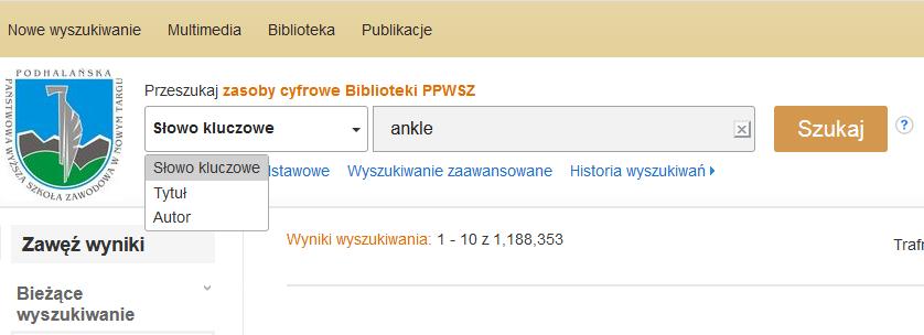 Po przekierowaniu na platformę EBSCOhost mamy możliwość wskazania kryterium wyszukiwania, (Słowo kluczowe, Tytuł, Autor). Ten sposób wyszukiwania jest wyszukiwaniem podstawowym.