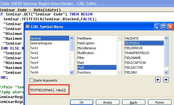 Przykład z listą pól zmiennej Resource: Przykład z wywołaniem funkcji TESTFIELD dla