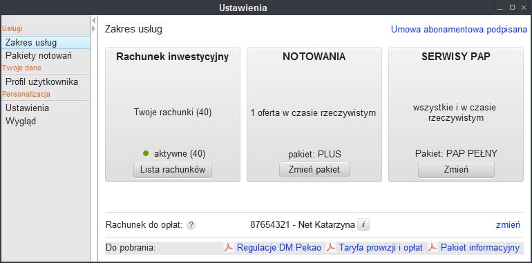 Rys. 2. Widok okna Ustawienia Zakres usług.