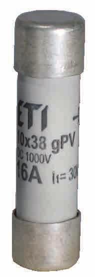 Wkładki topikowe cylindryczne CH 10 gpv Napięcie znamionowe Zwarciowa zdolność wyłączania Normy Charakterystyka Zastosowanie 1000V DC L/R=2ms 30kA DC IEC 60269-6 ed 1.0 (2010-9), UL cz.