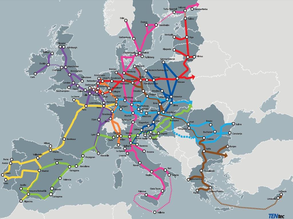 9 korytarzy sieci bazowej TEN-T w Europie Podstawa utworzenia: Rozporządzenie 1315/2013 w sprawie unijnych wytycznych dotyczących rozwoju