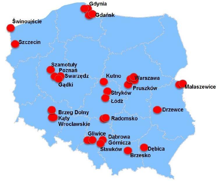 Terminale intermodalne w Polsce Polski transport intermodalny wykorzystuje czynnie 31 terminali. Większość terminali jest zlokalizowana na przebiegu korytarzy sieci bazowej TEN-T.