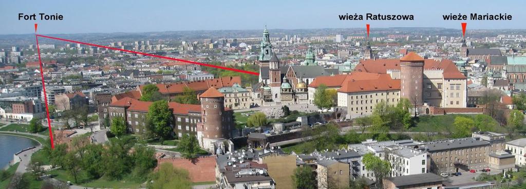 architectura militaris jest znakomicie ukryta w zieleni maskującej. Analiza osi widokowych a. Oś fort Tonie Wawel Dystans między fortem Tonie a Wawelem wynosi 8,24 km.