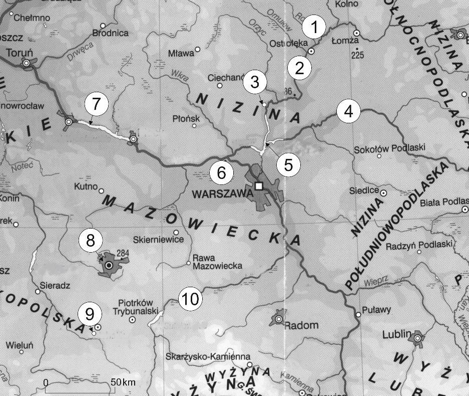 Zad. 19. Na podstawie mapy i opisu krajobrazu Niziny Mazowieckiej rozpoznaj jego elementy (np. miasta, rzeki, jeziora). Wpisz do tabeli ich nazwy własne oraz odpowiadające im numery na mapie.