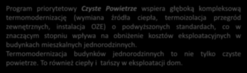 Założenia programu Cel Poprawa efektywności energetycznej i zmniejszenie emisji zanieczyszczeń do powietrza z istniejących jednorodzinnych budynków mieszkalnych Uniknięcie emisji zanieczyszczeń