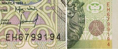 Każdy banknot posiada dwie takie same numeracje wydrukowane w kolorach czarnym i