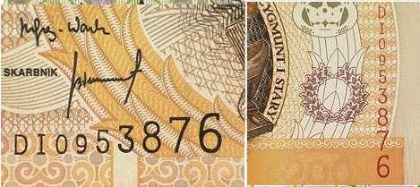 Na banknotach o nominale 10 zł i 20 zł obie numeracje są umieszczone poziomo.
