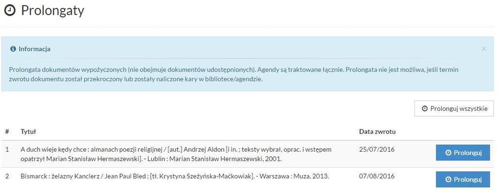 6. Prolongata Lista dokumentów do samodzielnej prolongaty. Można prolongować wszystkie dokumenty, albo pojedyncze.