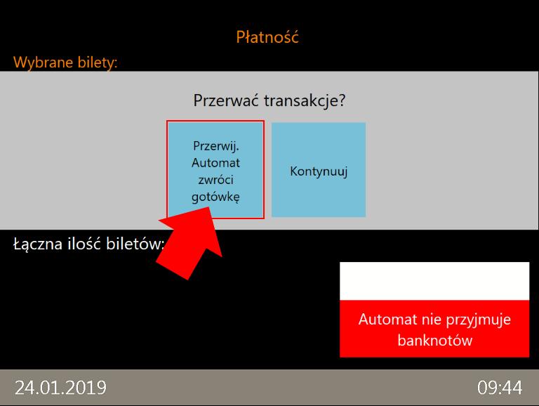 Proces zakupu można przerwać w dowolnym momencie. Aby to uczynić należy dotknąć ikonę Start znajdującą się pod ekranem głównym.