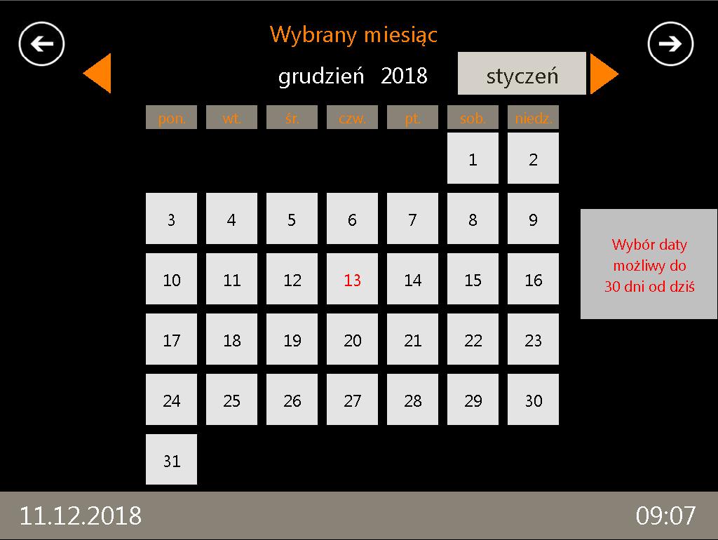 Przy wyborze daty automat cały czas kontroluje czy wybrany dzień nie zawiera się w okresie ważności przedłużanego biletu.