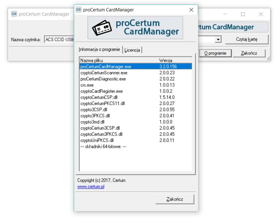 3. Karty CERTUM a) Uruchamiamy program ProCertum CardManager i sprawdzamy jego wersję b) Jeśli wersja jest inna niż najnowsza 3.2.0.