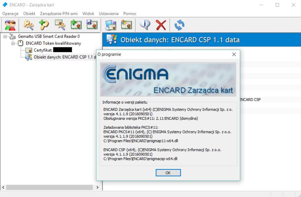 2. Karty ENCARD a) Uruchamiamy program ENCARD Zarządca kart i sprawdzamy wersję b) Jeśli wersja jest inna niż najnowsza 4.1.