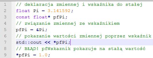 Typ wskaźnikowy Nazwa 1 typ* zwykły wskaźnik 2 const typ* wskaźnik na stałą Dostęp do pamięci odczyt i zapis tylko odczyt