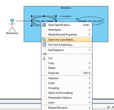 9.5 Definiowanie elementów typu Use Case po kliknięciu prawym klawiszem myszy na