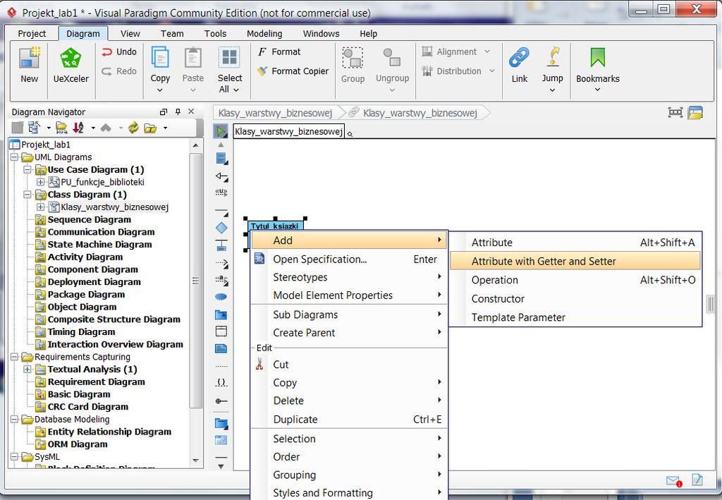 10.3. Zdefiniowanie atrybutów i metod po kliknięciu prawym klawiszem na klasę należy wybrać z listy pozycje Attribute do definiowania nowych atrybutów lub Operation do