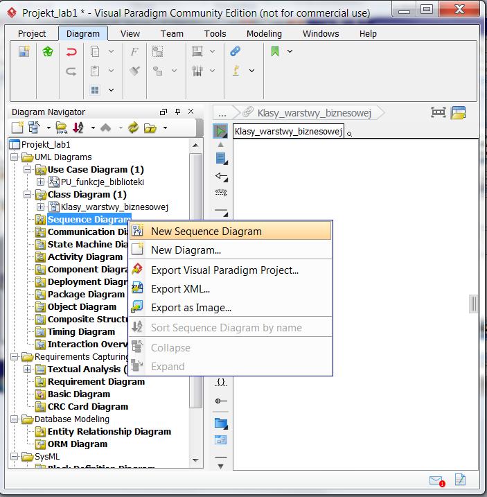 12.2. Wstawianie diagramu sekwencji należy kliknąć prawym klawiszem myszy na nazwę