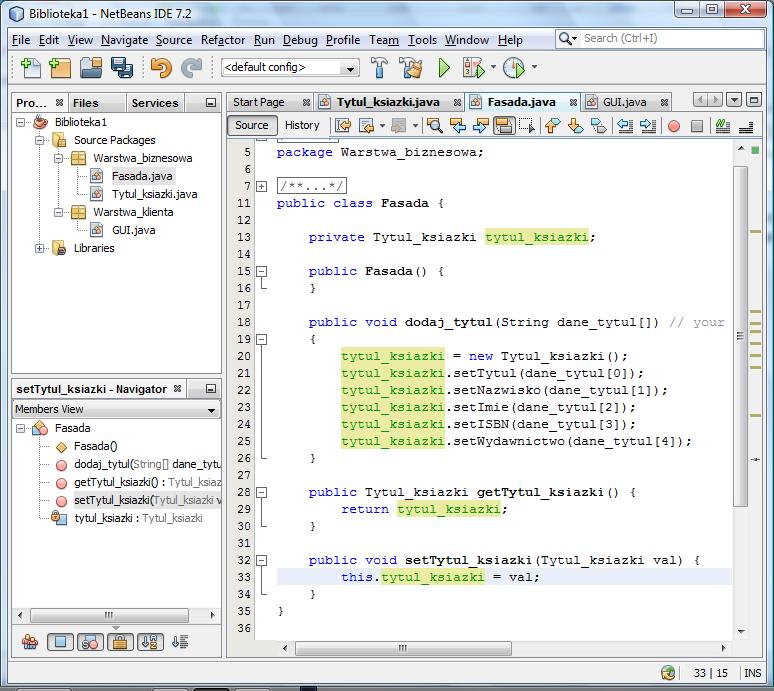 13.3. Dodanie kodu metody dodaj_tytul do klasy Fasada wg diagramu z p.