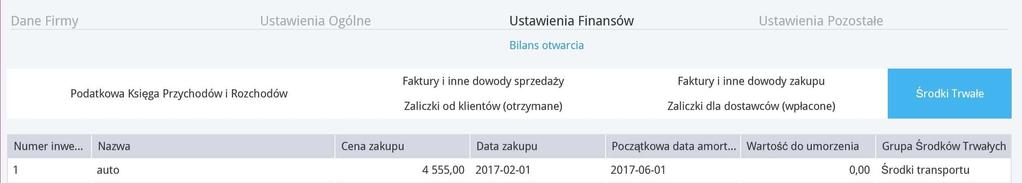 Numer inwentarza możemy wybrać środek trwały zapisany uprzednio w systemie lub stworzyć nowy środek trwały wprost na liście, z której wybieramy środek trwały do Bilansu Otwarcia.