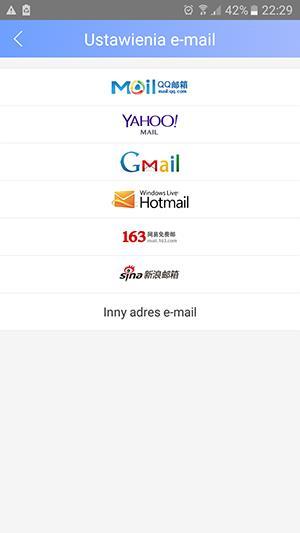 Alarm e-mail Konfiguracja powiadomienia na adres e-mail, do wyboru są popularne skrzynki pocztowe lub wprowadzanie innego adresu e-mail, patrz zdjęcie poniżej