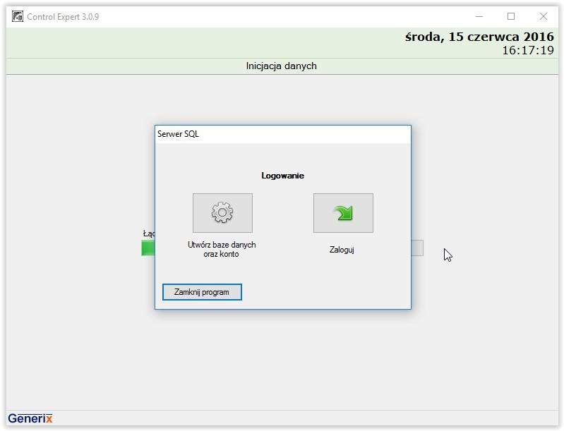 Pierwsze uruchomienie programu Control Expert 3.0 Przy pierwszym uruchomieniu programu Control Expert 3.0 program nie podłączy się automatycznie do bazy danych. Istnieją dwie opcje: 1.