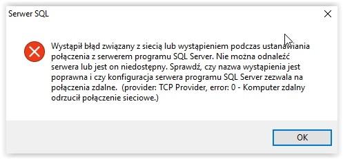 Brak połączenia z bazą SQL - co zrobić? Jeżeli pomimo poprawnie wpisanych parametrów otrzymujemy informację o braku połączenia z serwerem SQL o czym poinformuje nas poniższe lub podobne okno należy 1.