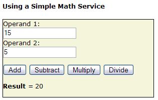 <body style="font: 10pt verdana"> <h4>using a Simple Math Service </h4> <form runat="server"> <div style="padding:15,15,15,15;background-color:beige;width:300;