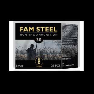 Fam Steel Fam Steel Amunicja spełniająca wymagania strzelców wrażliwych na potrzeby współczesnej ochrony środowiska. Stalowy śrut może mieć zwiększoną średnicę aby zrekompensować mniejszą masę.