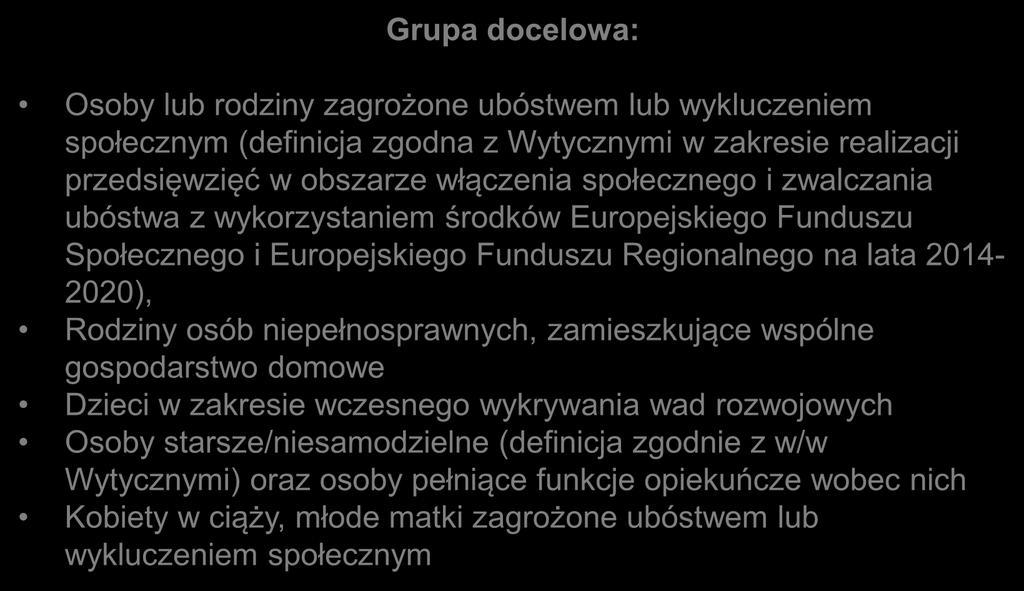 Grupa docelowa: Osoby lub rodziny zagrożone ubóstwem lub wykluczeniem społecznym (definicja zgodna z Wytycznymi w zakresie realizacji przedsięwzięć w obszarze włączenia społecznego i zwalczania