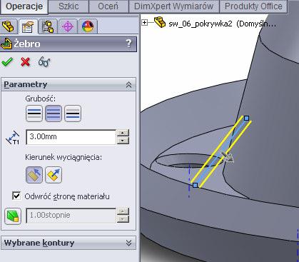 Rysunek 12 Żebro Z zakładki Operacje wybieramy Żebro, wskazuje szkic odcinka i w oknie Właściwości w polu Grubość żebra wpisujemy 3