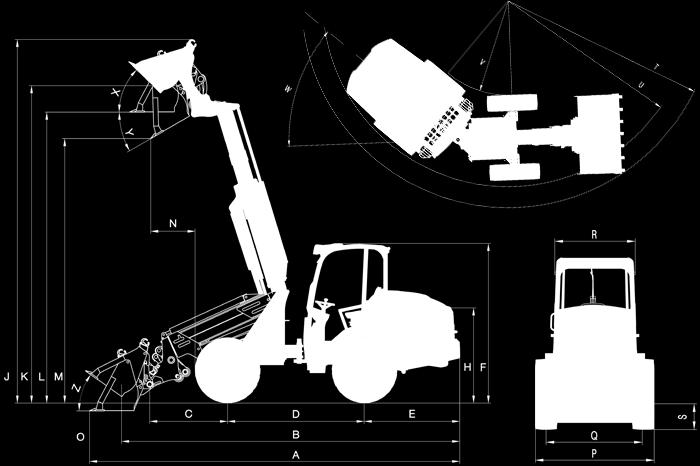 495 mm Wysokość z kabiną - wysoka 2.532 mm H Wysokość fotela 1.495 mm J Całkowita wysokość robocza 5.815 mm K Wysokość punktu obrotu czerpaka (maks.) 5.