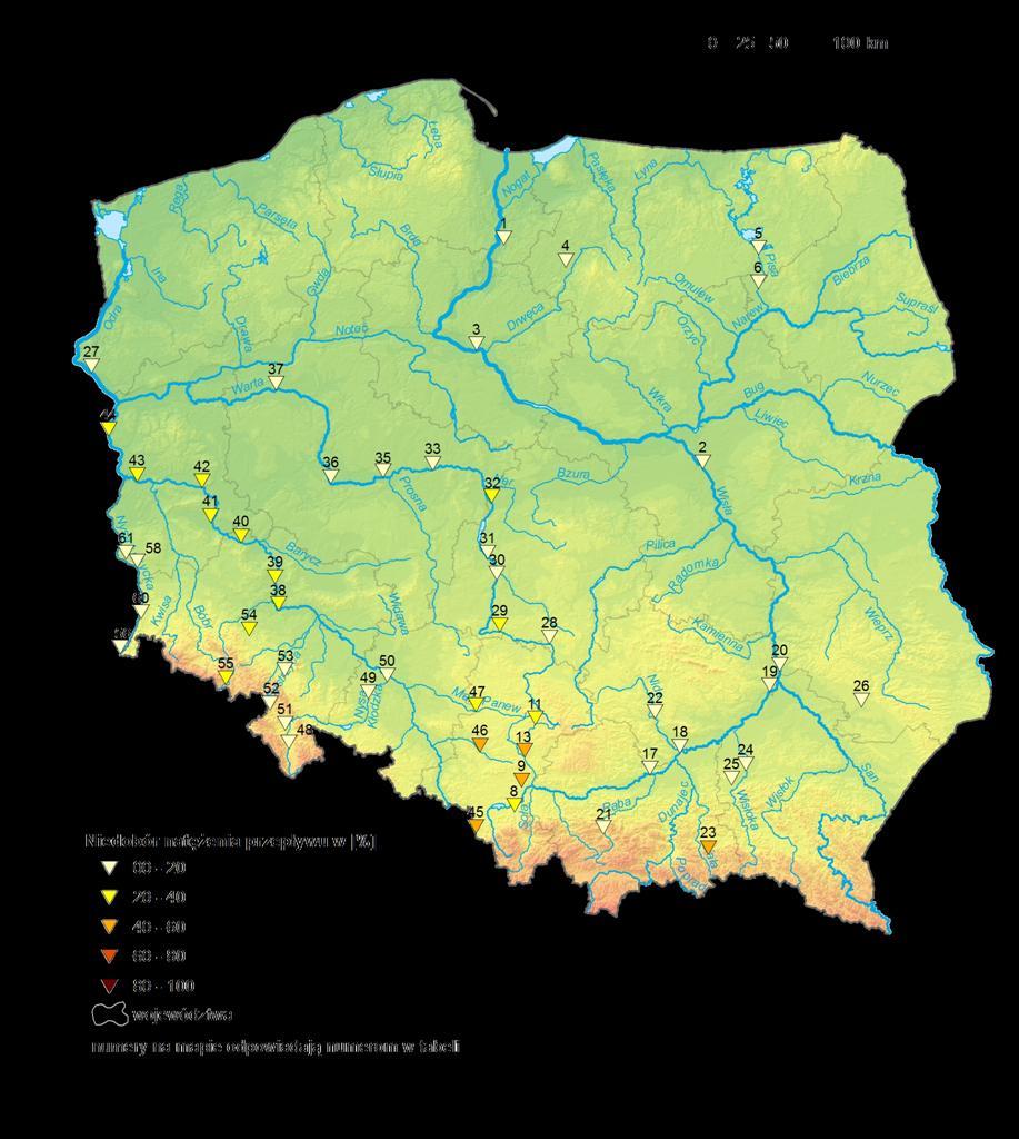 5. Procentowy niedobór przepływu w odniesieniu do SNQ na wybranych stacjach na głównych rzekach (w dniu 27 listopada 2018 r.