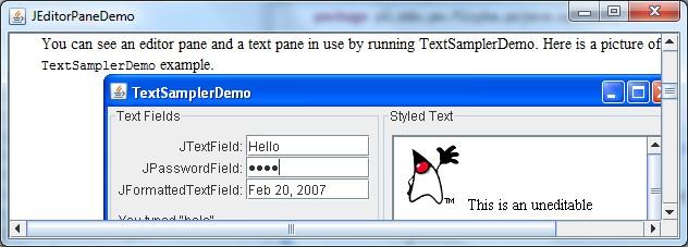 JEditorPaneDemo.java JEditorPane edytor = new JEditorPane(); edytor.seteditable(false); try { URL link = new URL("http://jakasstrona.html"); edytor.