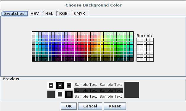 JColorChooser JColorChooser pozwala wybrać kolor z palety kolorów. Wyskakujące okienko dialogowe z paletą kolorów: Color newcolor = JColorChooser.