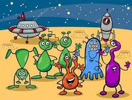 Piosenka Każdy chciałby być odkrywcą (sł. i muz. J. Kucharczyk) Obraz pobrano z: https://pl.depositphotos.com/32972119/stock-illustration-ufo-aliens-group-cartoon-illustration.