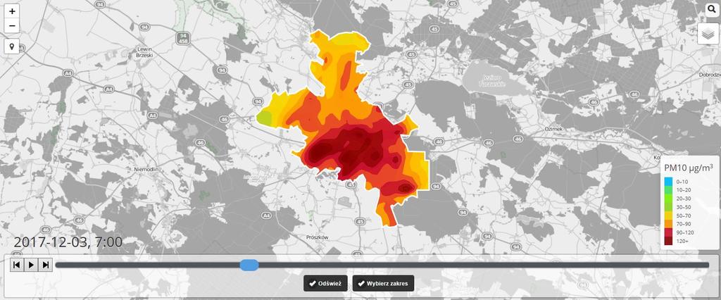 Dynamiczna mapa jakości powietrza Trzy tryby pracy: monitoring bieżącej sytuacji; prognoza
