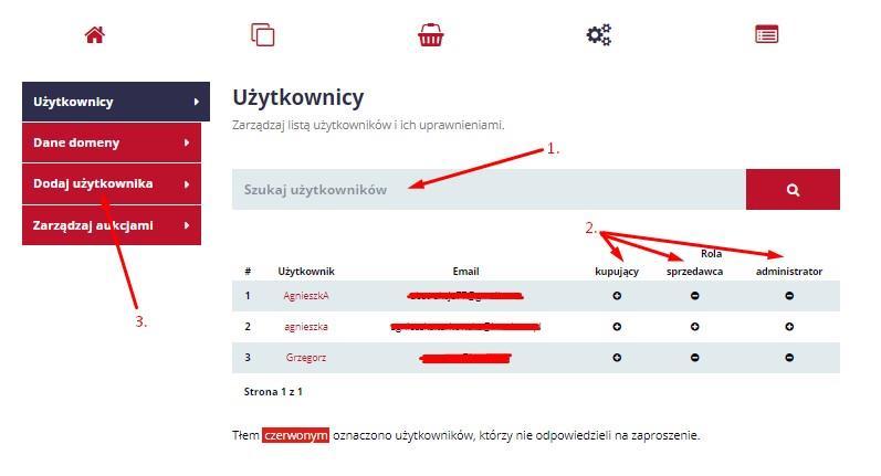 6. Obsługa portalu 6.1. Zarządzanie członkami mojej domeny Wybierz z górnego paska menu opcję Zarządzaj domeną. W tym widoku możesz wyszukiwać użytkowników (1.