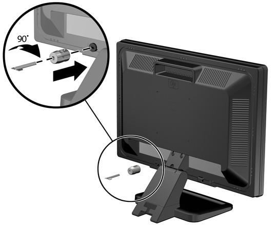 2. Włóż blokadę kablową do odpowiedniego gniazda z tyłu monitora, a następnie wsuń klucz do otworu znajdującego
