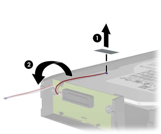 3. Zdejmij pasek taśmy klejącej mocujący czujnik termiczny do wierzchu dysku twardego (1) i wyjmij czujnik z obsady (2).
